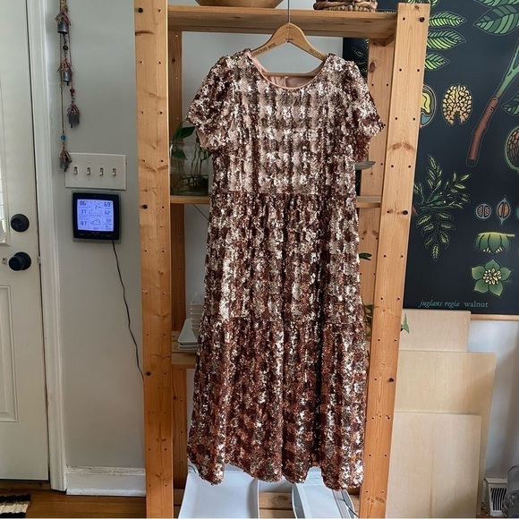 Anthropologie Maeve Rose Gold Sequins Bernadette Tiered Midi Dress Small - Picture 6 of 16